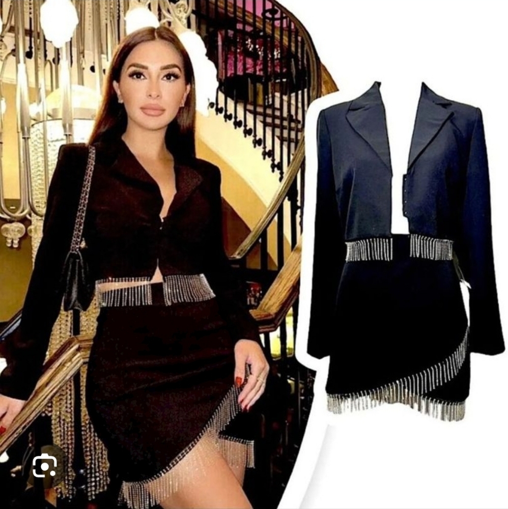 HOUSE OF HARLOW 1960 RHINESTONE FRINGE BLAZER JACKET & Mini SKIRT SET S NEW smal